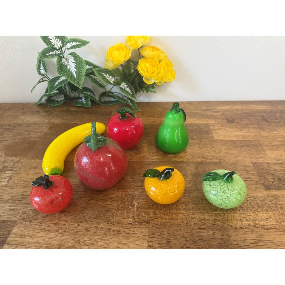 Vintage Hand Blown Glass Fruit Set Apple Pear Banana‎ Orange Art Glass